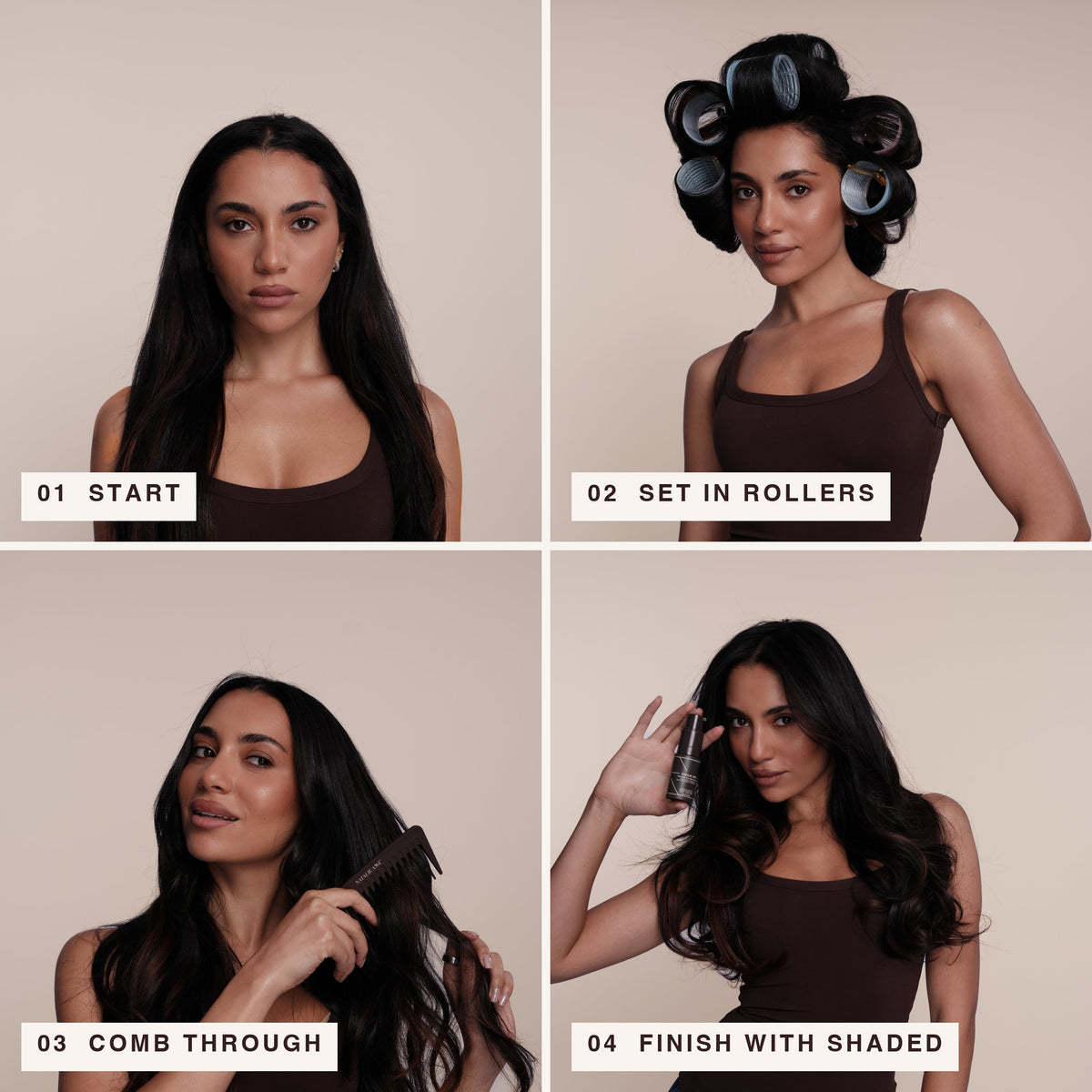 Step by step: 01 start, 02 set in rollers, 03 comb through with the Natalie Anne comb, 04 finish with Shaded Volume Powder in Dark
