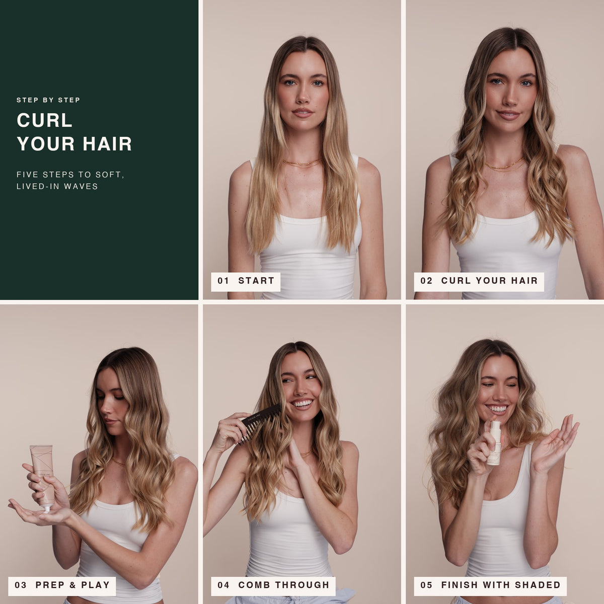 Curl your hair, step by step: 01 start, 02 curl your hair, 03 Prep & Play, 04 comb through, 05 finish with Shaded Volume Powder in Light