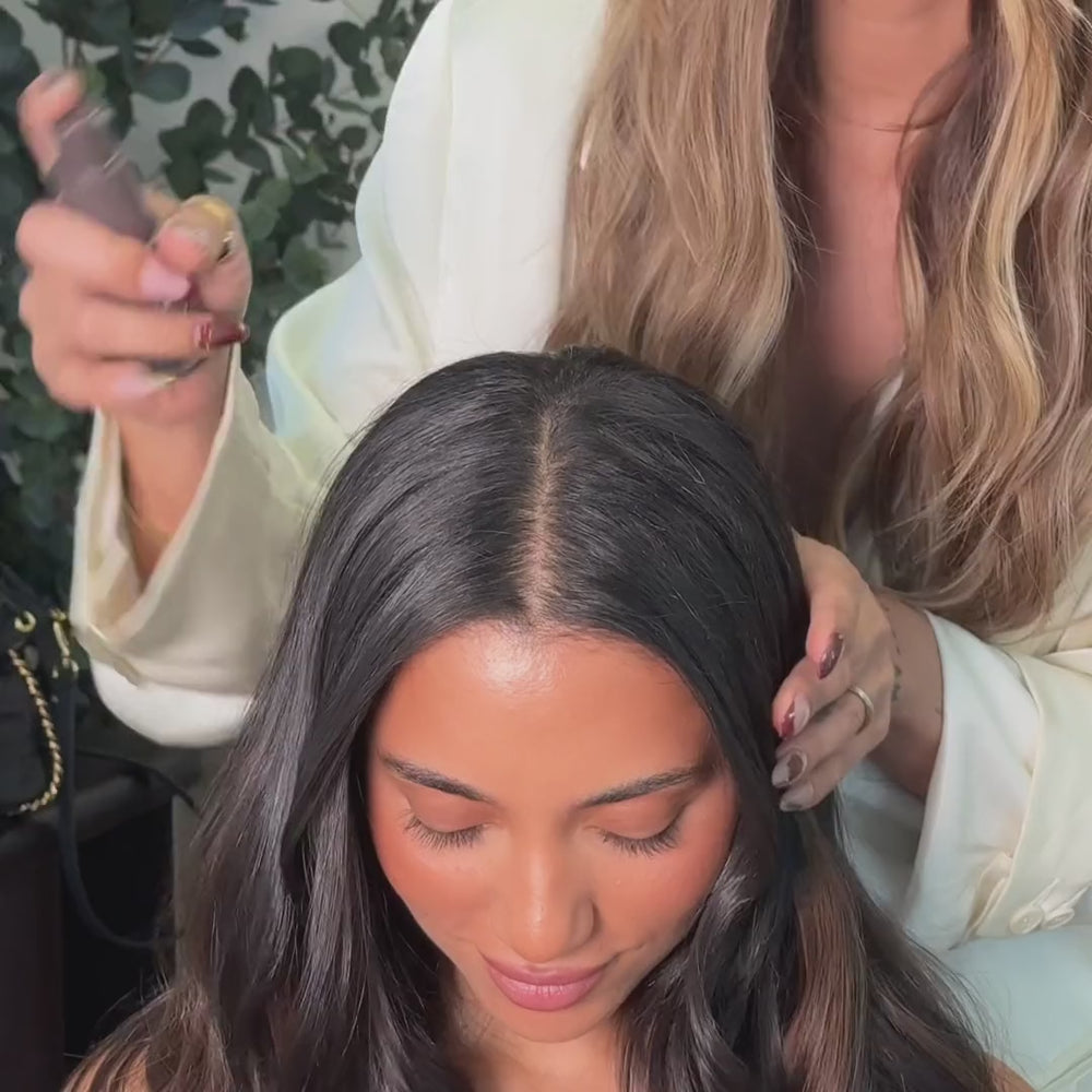Natalie applying Shaded Volume Powder in Dark to dark brown hair — full demo